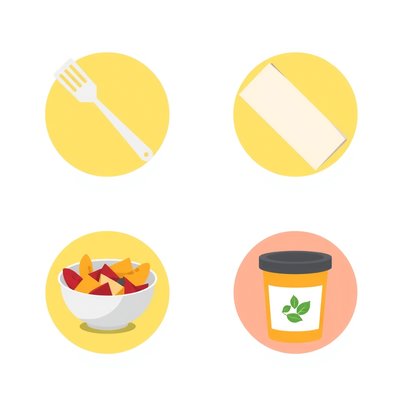 Zestaw ikon pomocniczych (szpatułka, serwetka, miseczka, kompost)