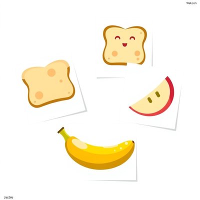 Karty składników (chleb, ogórek, ser, jabłko, banan)