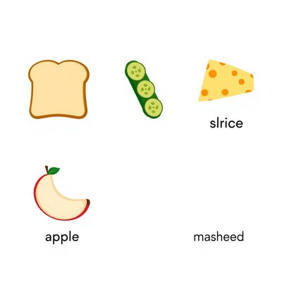 Karty składników (chleb, ogórek, ser, jabłko, banan)