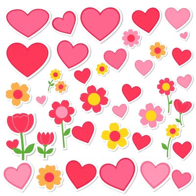 Elementy do przyklejenia: serduszka i kwiatki (naklejki/wycinanki)