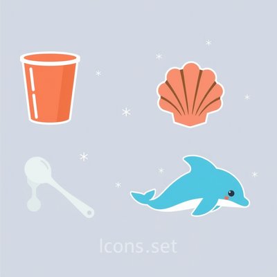 Ikony materiałów: kubeczki, gąbki, muszle