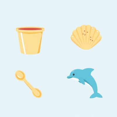 Ikony materiałów: kubeczki, gąbki, muszle