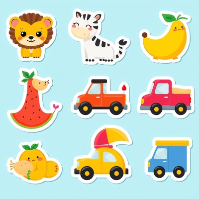 Arkusz naklejek — zwierzęta, owoce, pojazdy (duże)