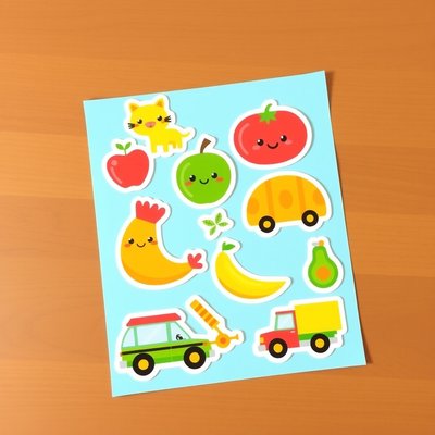 Arkusz naklejek — zwierzęta, owoce, pojazdy (duże)