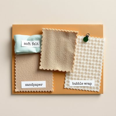 Próbki tekstur — filc, papier ścierny, folia bąbelkowa