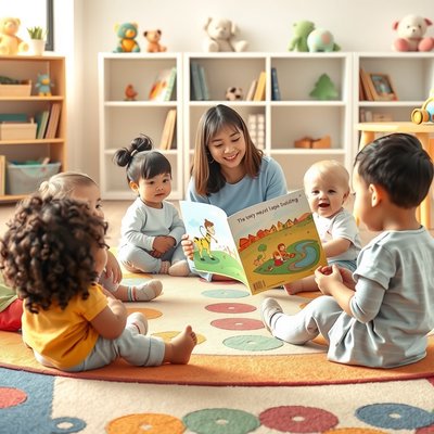 Scena zajęć — dzieci w półkolu na dywanie