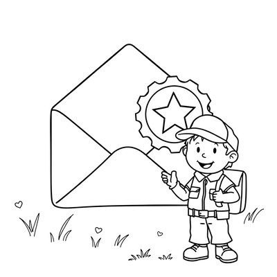 Strona kolorowanki: koperta, znaczek, listonosz