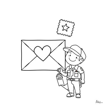 Strona kolorowanki: koperta, znaczek, listonosz