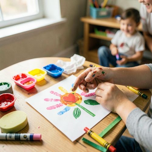 Laurka i kwiatek dla Mamy (odcisk dłoni + stempel gąbkowy) - Scenariusz Zajęć