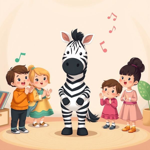 Obrazek: Wprowadzenie — zebra i dzieci śpiewające - Materiały - Dzień Zebry