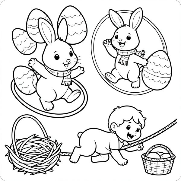 Kolorowanka: Zajączek i zabawy wielkanocne - Kolorowanki - Wielkanoc