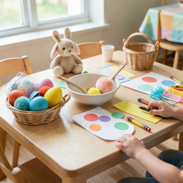 Zdjęcie: Ustawienie trzech stacji sensorycznych na niskim stoliku - Materiały - Wielkanoc