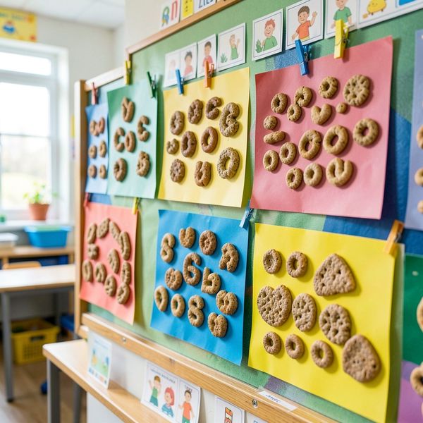 Ekspozycja prac — tablica z kolażami z płatków - Materiały - Dzień Płatków Śniadaniowych