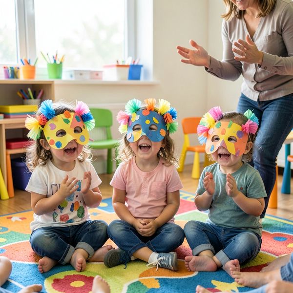 Dzieci prezentują swoje maski - scena grupowa - Materiały - Prima Aprilis