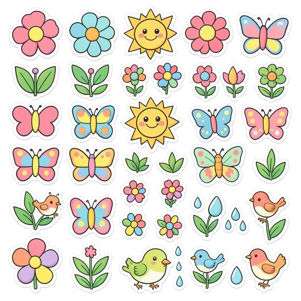 Arkusz naklejek wiosennych — małe ikony - Szablony - Pierwszy Dzień Wiosny