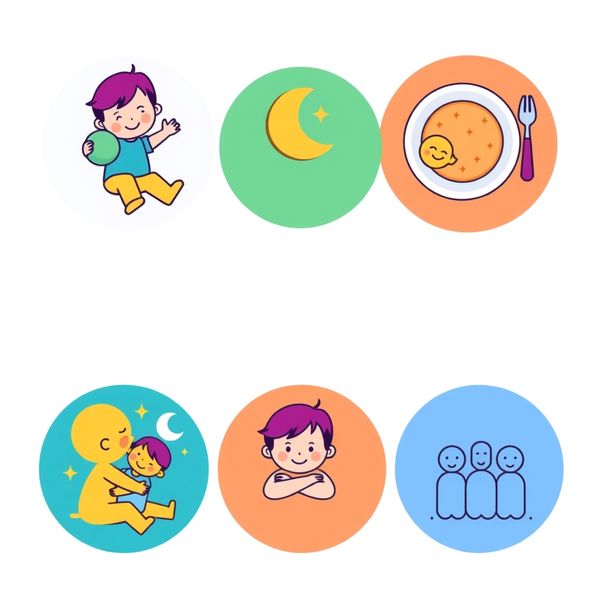 Zestaw piktogramów: prawa dziecka (zabawa, jedzenie, sen, przytulanie, mówienie)