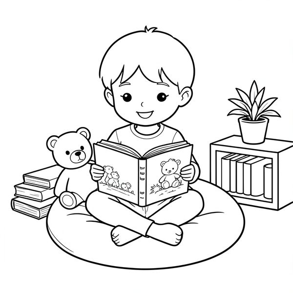 Kolorowanka: Dziecko czyta w kąciku - Kolorowanki - Biblioteka