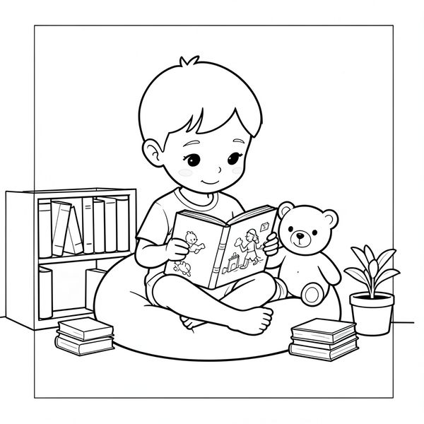 Kolorowanka: Dziecko czyta w kąciku - Kolorowanki - Biblioteka