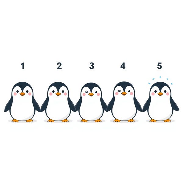 Plansza z pięcioma pingwinami ponumerowanymi 1–5