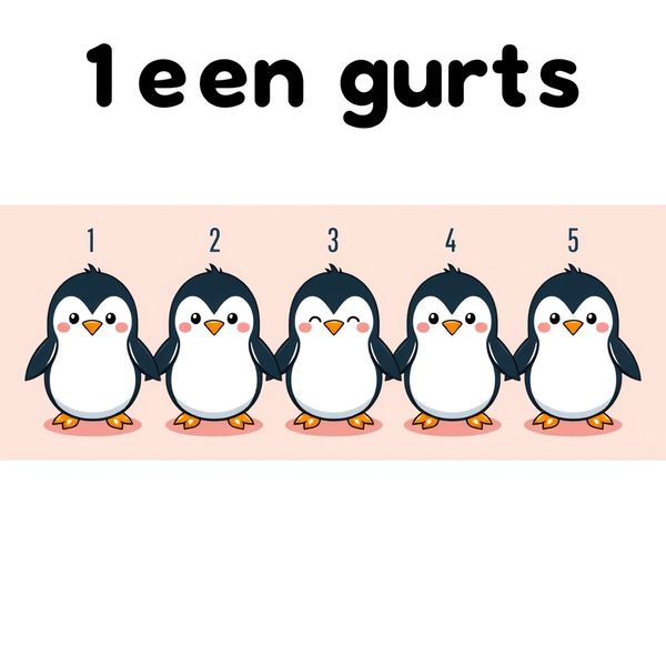 Plansza z pięcioma pingwinami ponumerowanymi 1–5