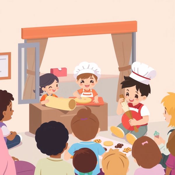 Ilustracja sceny teatrzyku — dzieci odgrywają piekarnię