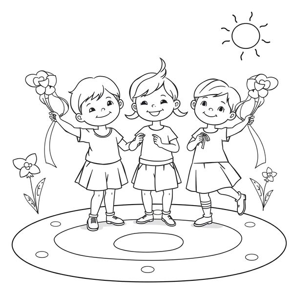 Kolorowanka — Tańczące dzieci i kwiaty