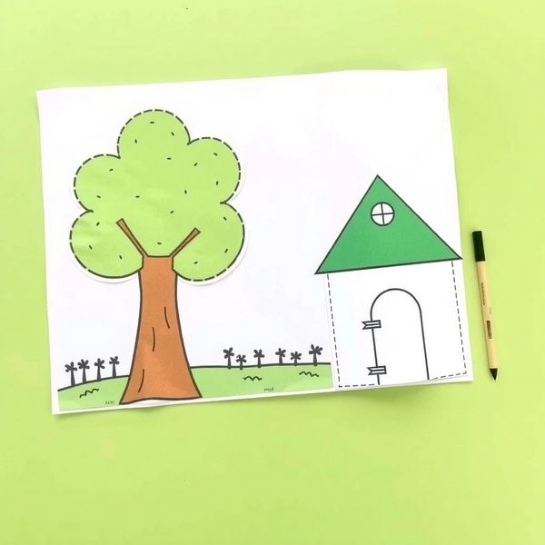 Szablony rekwizytów z papieru — drzewo i domek