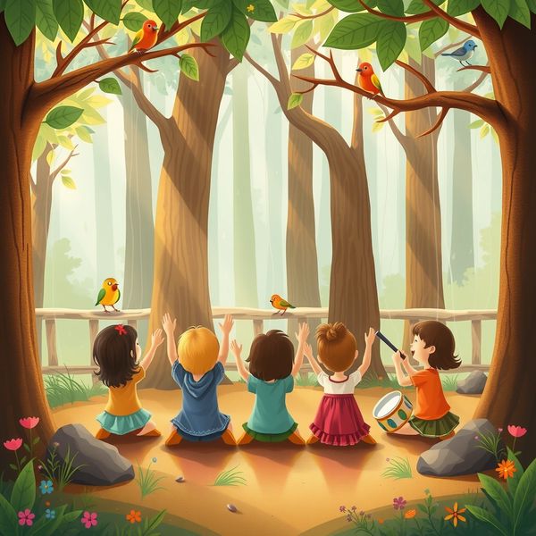 Ilustracja scenki leśnej — muzyczna opowieść