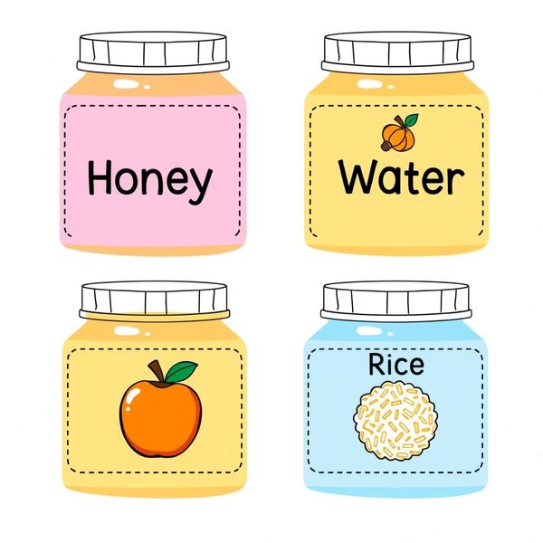 Etykiety do pojemniczków: Miód, Woda, Jabłko, Ryż