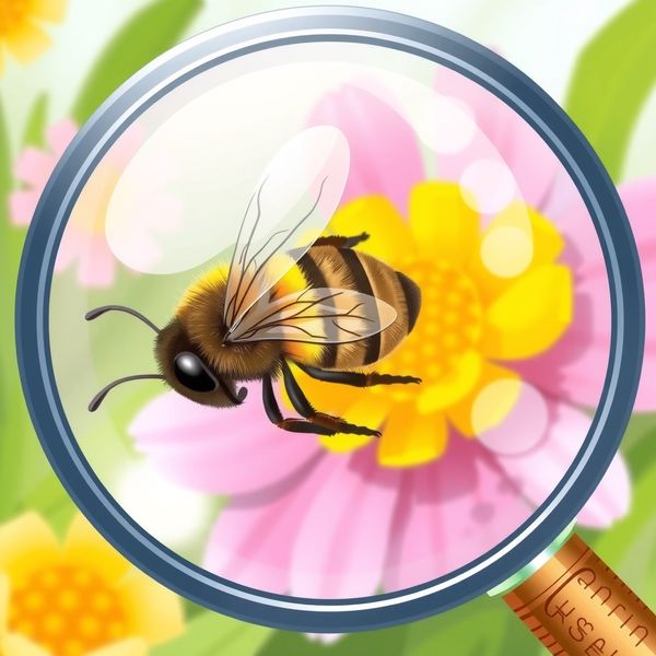Ilustracja edukacyjna: lupa, pszczoła i kwiaty