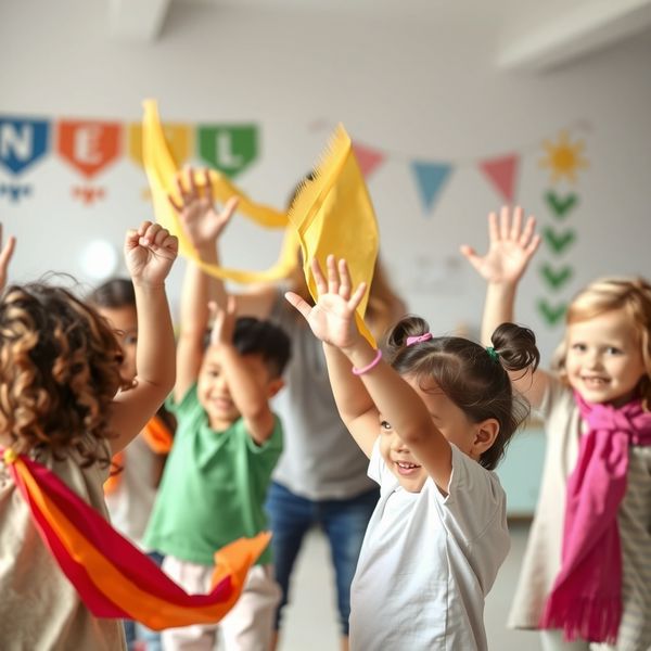 Scena ruchu: dzieci falujące chusteczkami