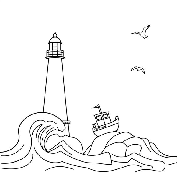 Strona kolorowanki: latarnia i statek (A4)