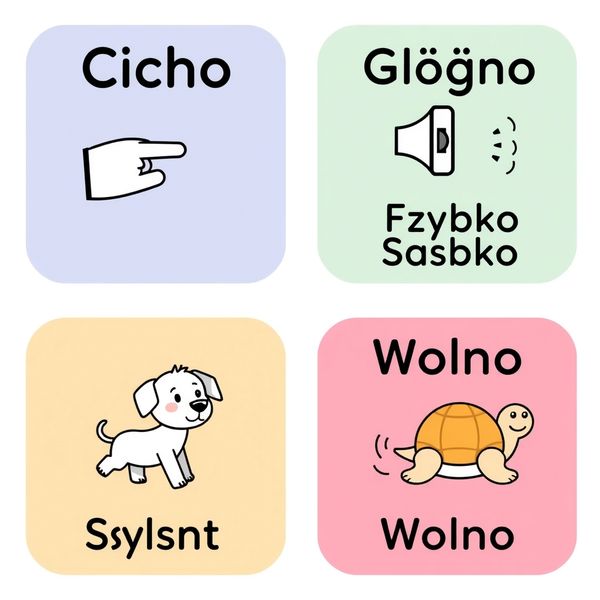 Karty z komendami: Cicho / Głośno / Szybko / Wolno