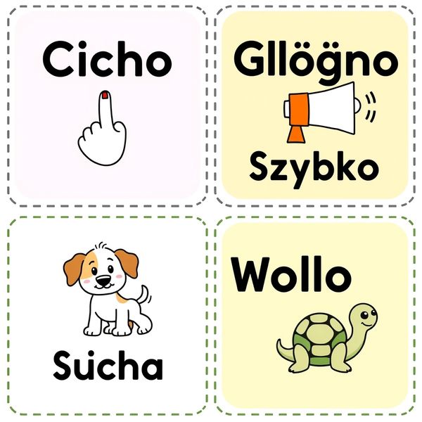 Karty z komendami: Cicho / Głośno / Szybko / Wolno