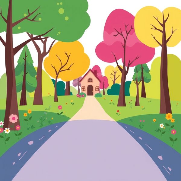 Tło/scena: Leśna ścieżka z domkiem babci