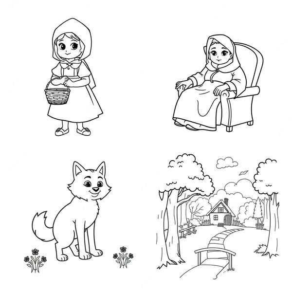 Kolorowanki: Kapturek, Babcia, Wilk, Las (kontury)