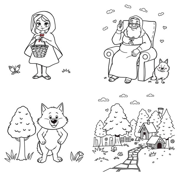 Kolorowanki: Kapturek, Babcia, Wilk, Las (kontury)