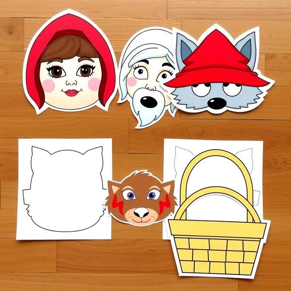 Szablony masek i rekwizytów do druku (Kapturek, Babcia, Wilk, chustka, koszyk)