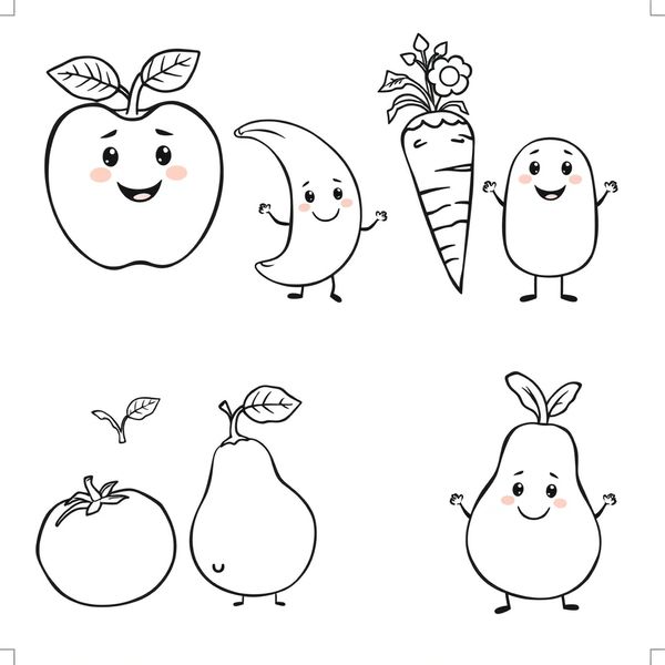 Strona do kolorowania — postacie owoców i warzyw