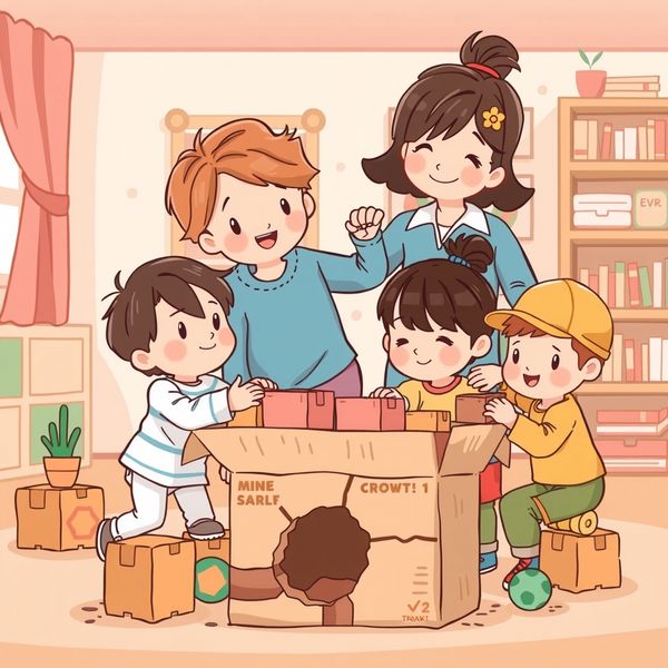 Dzieci budują szyb z pudełek — scena inspiracyjna