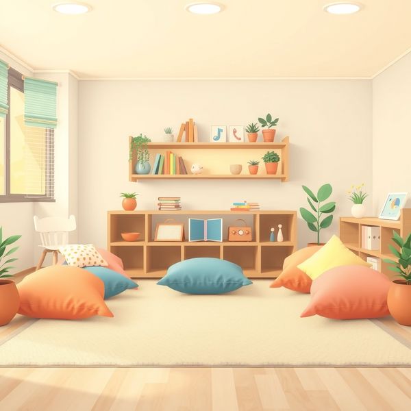 Obrazek: kącik relaksu z miękkimi poduszkami i odtwarzaczem muzyki