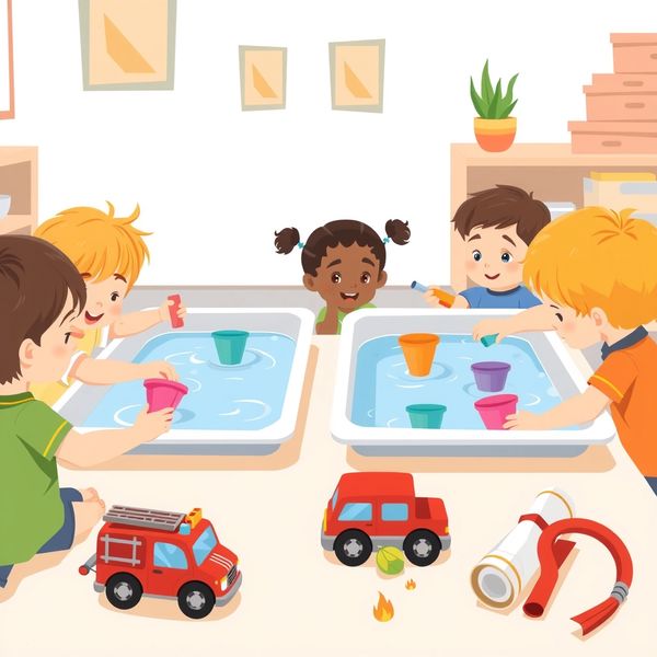 Ilustracja sceny: Zabawy wodne — małe strażaki