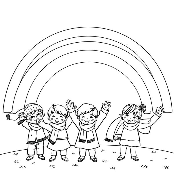Kolorowanka: Tęcza i dzieci z chusteczkami