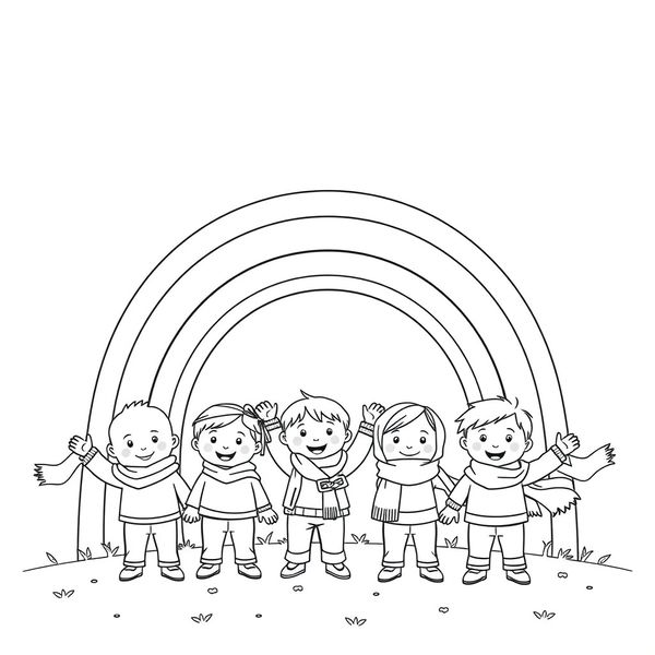Kolorowanka: Tęcza i dzieci z chusteczkami