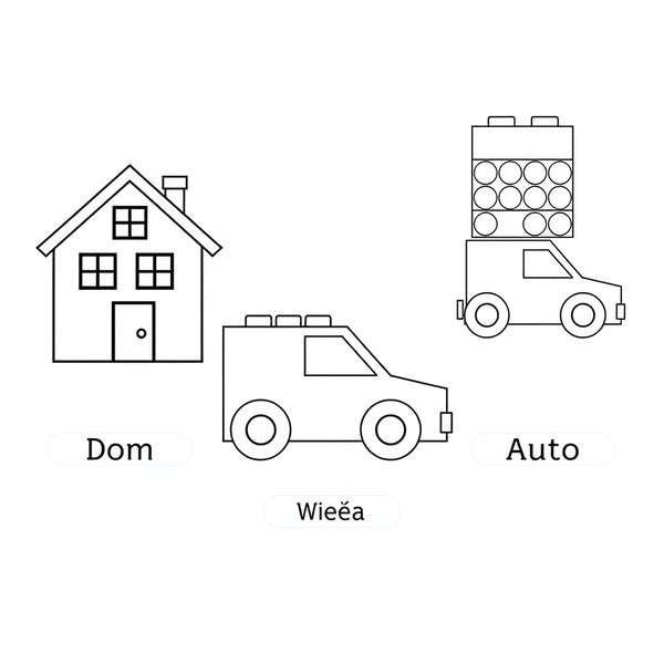 Karty do kolorowania: dom, wieża, auto