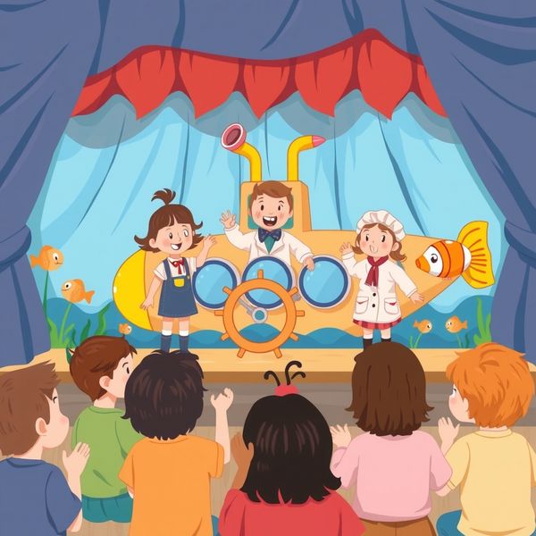 Ilustracja scenki: Dzieci grają teatrzyk podwodny