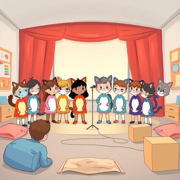 Ilustracja sceny spektaklu z dziećmi przebranymi za koty