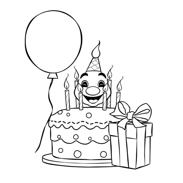 Kolorowanka: balon, tort, klaun, prezent