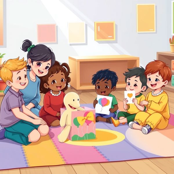 Scena: nauczyciel z dziećmi w kole przy paczce