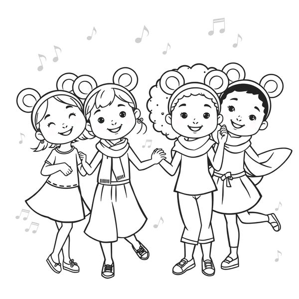 Kolorowanka: Tańczące dzieci z uszkami